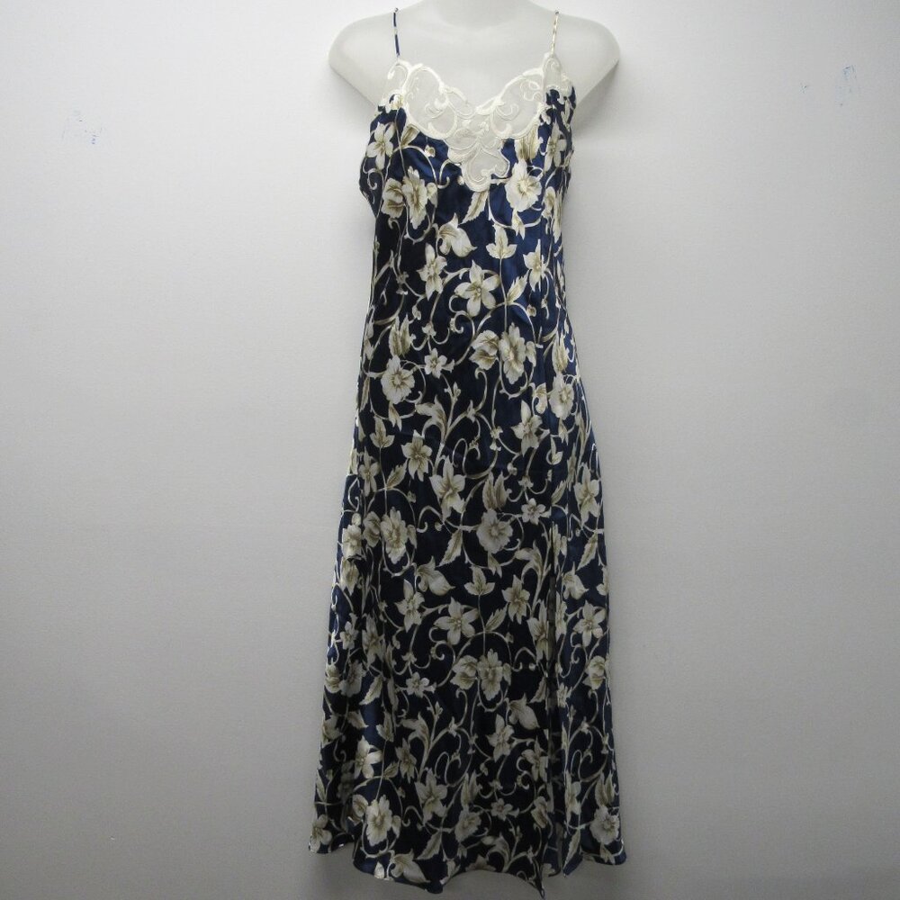 Vintage 90s Etienne Blue Ivory Floral Shiny Satin Long Maxi Slip Dress sz S 🔥